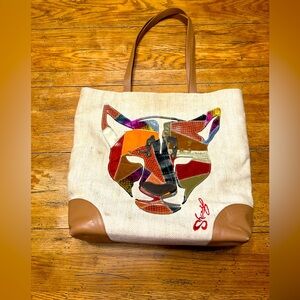 Vintage Sharif Jute & Leather Patchwork Tote Bag w/ Cougar and Paw Print